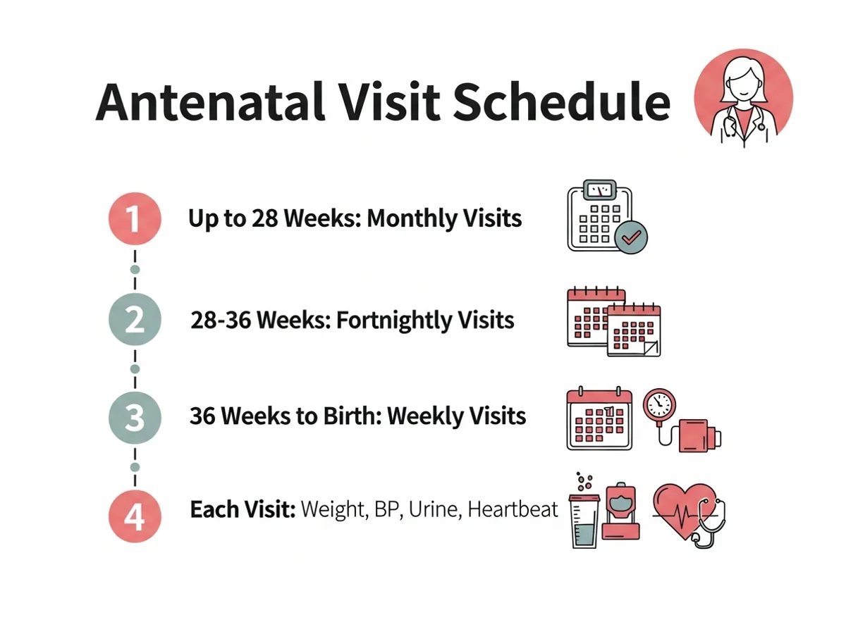 Antenatal visit schedule across pregnancy — monthly to 28 weeks, fortnightly to 36 weeks, then weekly
