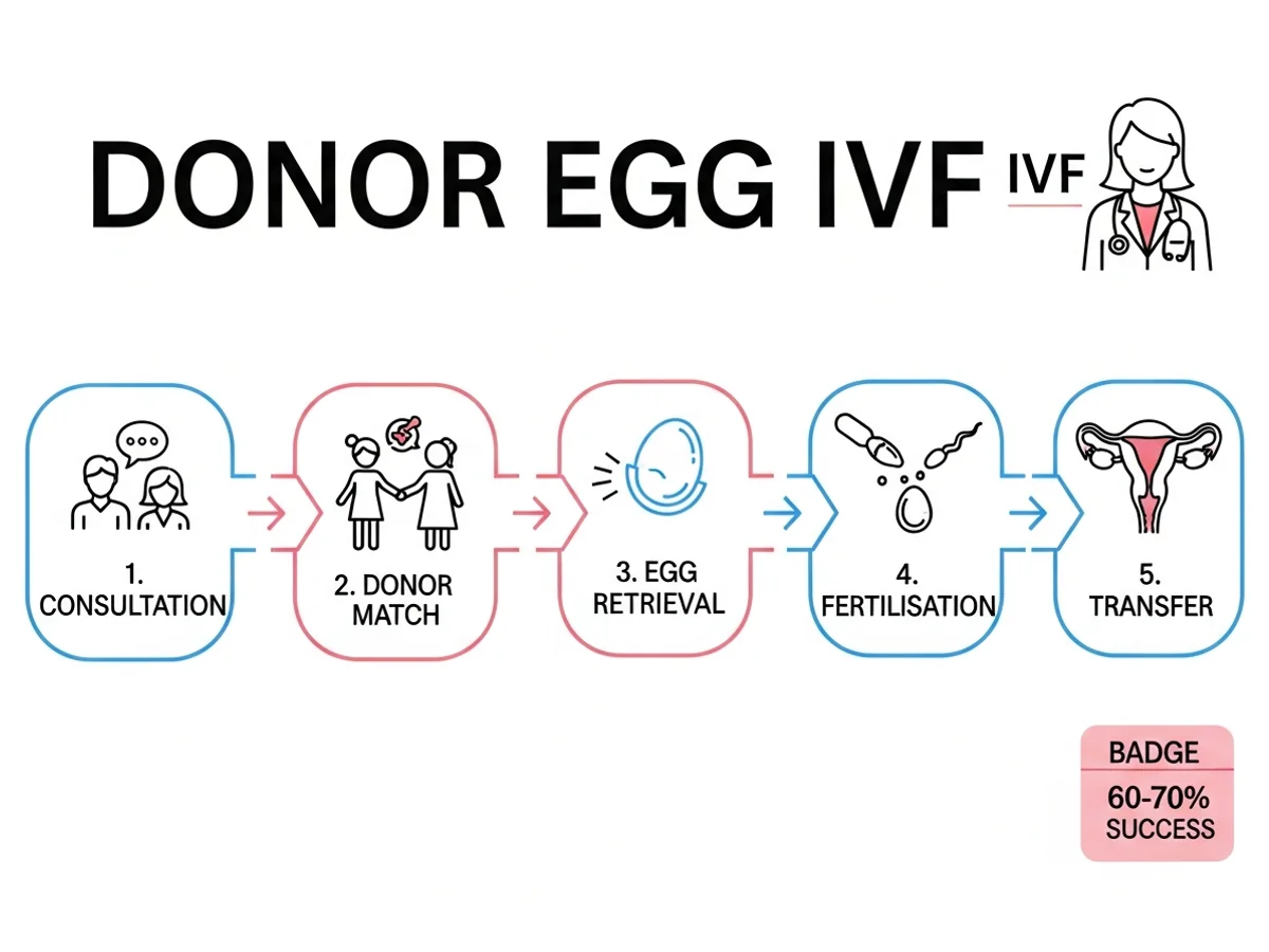 Donor egg IVF process — consultation, donor matching, egg retrieval, fertilisation, and transfer