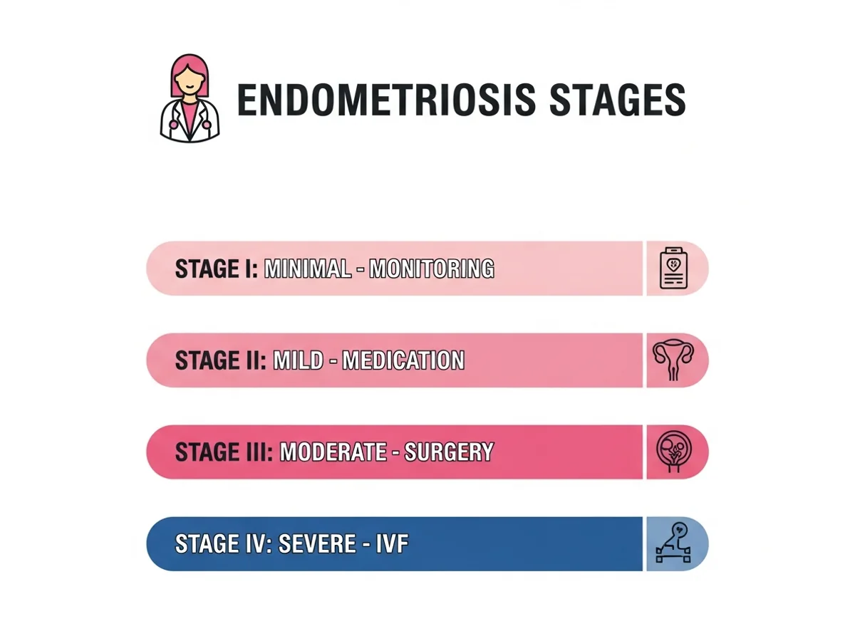 Endometriosis stages from Stage I minimal to Stage IV severe with treatment approaches