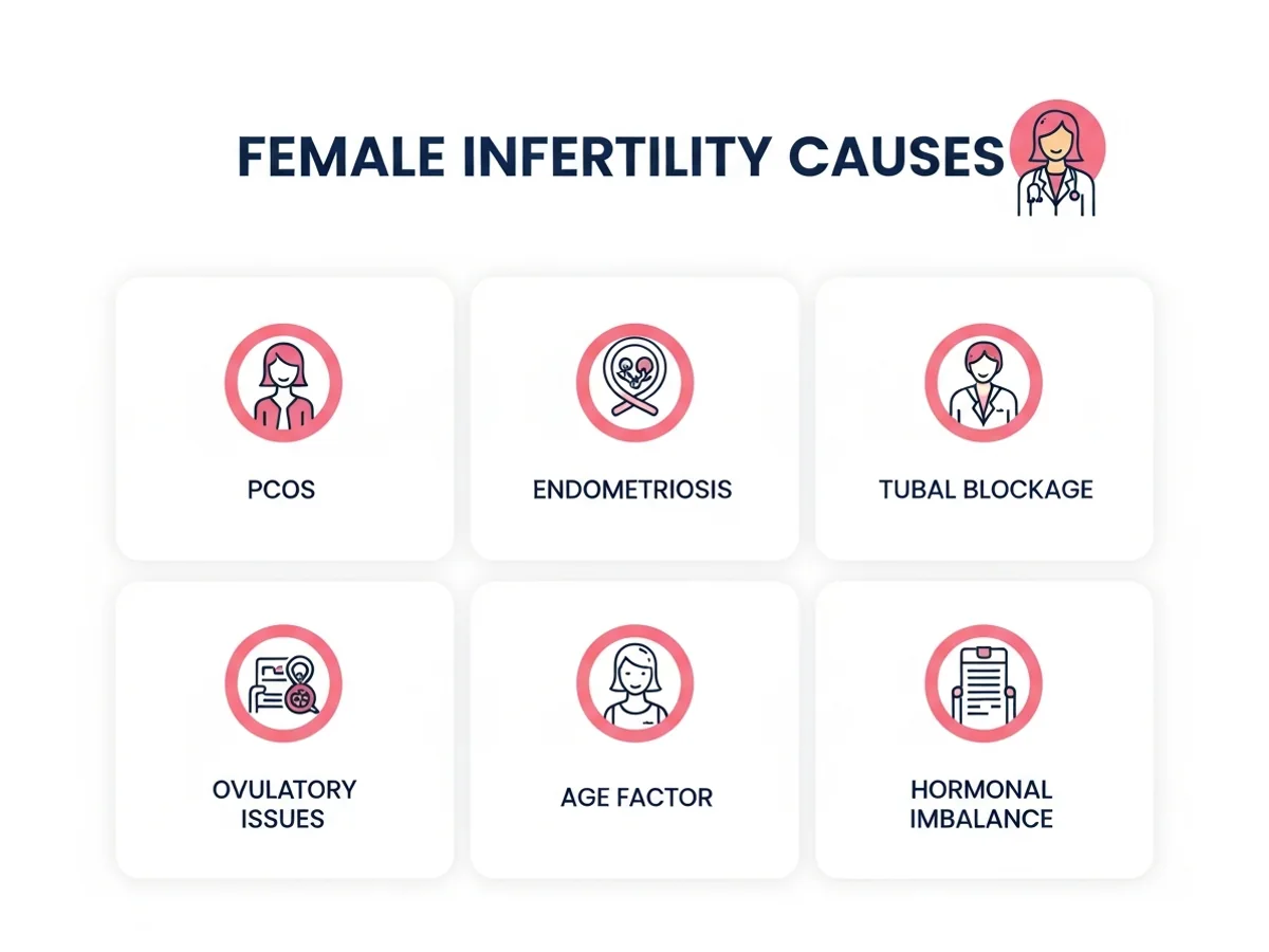 Common female infertility causes — PCOS, endometriosis, tubal blockage, ovulatory issues, age factor, and hormonal imbalance