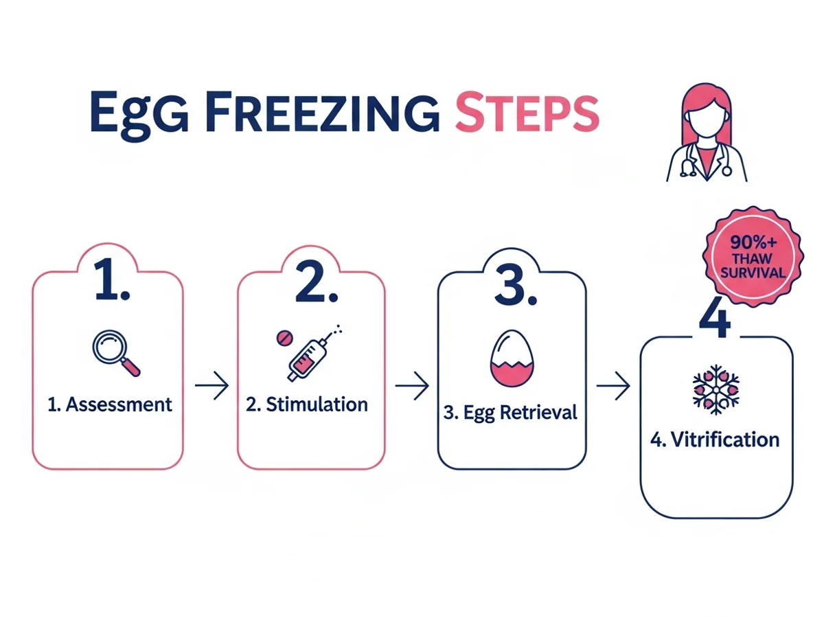 Egg freezing steps — assessment, stimulation, egg retrieval, and vitrification