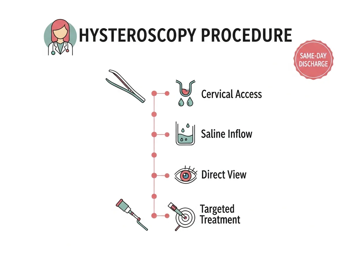 Hysteroscopy procedure showing scope passing through cervix to view uterine cavity