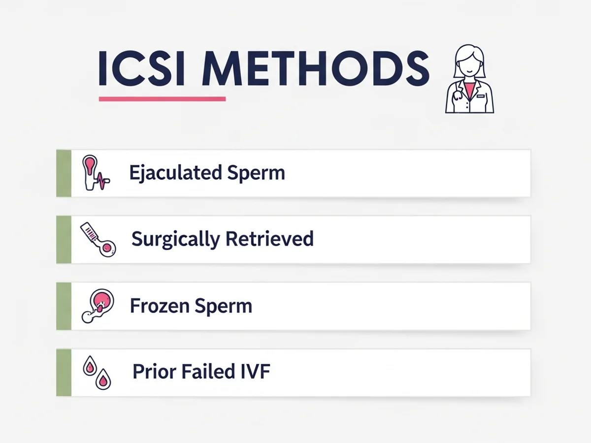 ICSI methods including ejaculated sperm, surgically retrieved, frozen sperm, and prior failed IVF