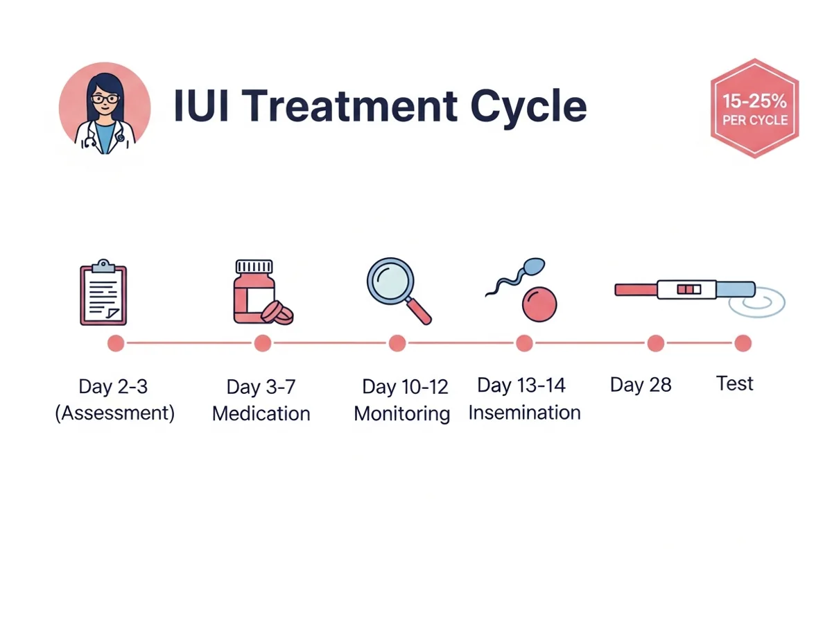 IUI treatment cycle timeline from assessment to pregnancy test over 28 days