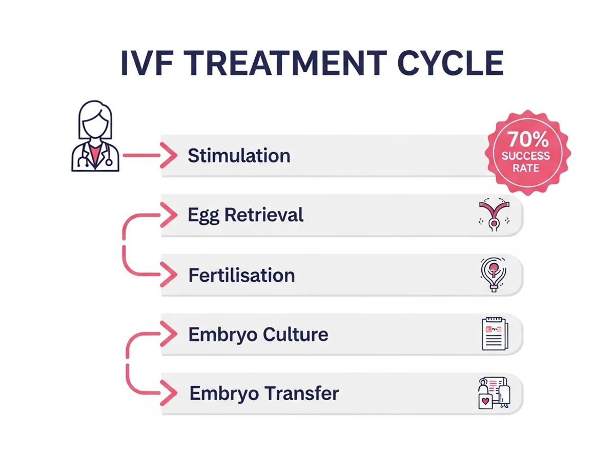 IVF treatment cycle stages — stimulation, egg retrieval, fertilisation, embryo culture, and embryo transfer