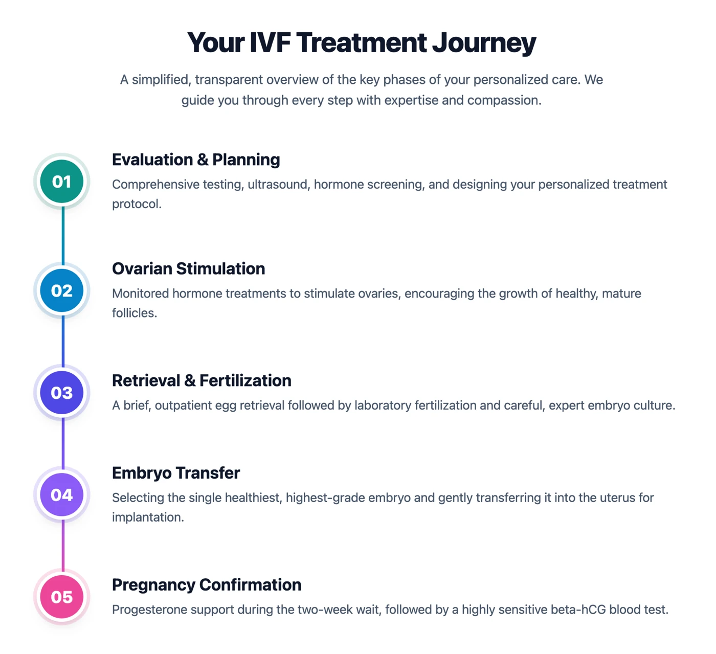 Your IVF treatment journey in 5 phases — evaluation and planning, ovarian stimulation, egg retrieval and fertilisation, embryo transfer, and pregnancy confirmation