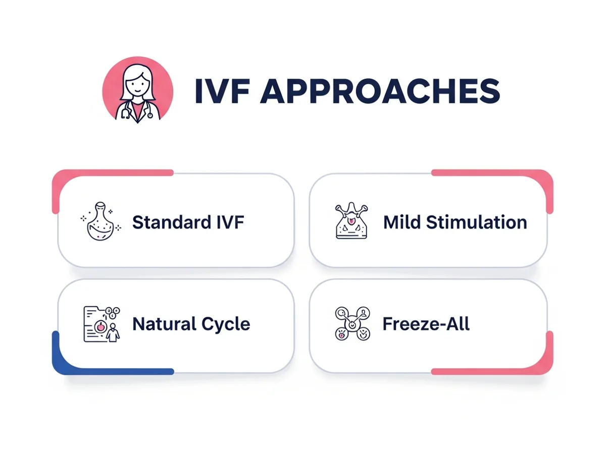 IVF approaches including standard IVF, mild stimulation, natural cycle, and freeze-all strategy