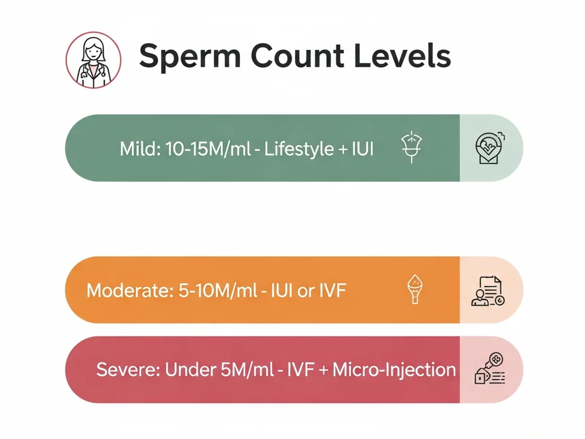 Sperm count classification — mild, moderate, and severe with treatment pathways for each level