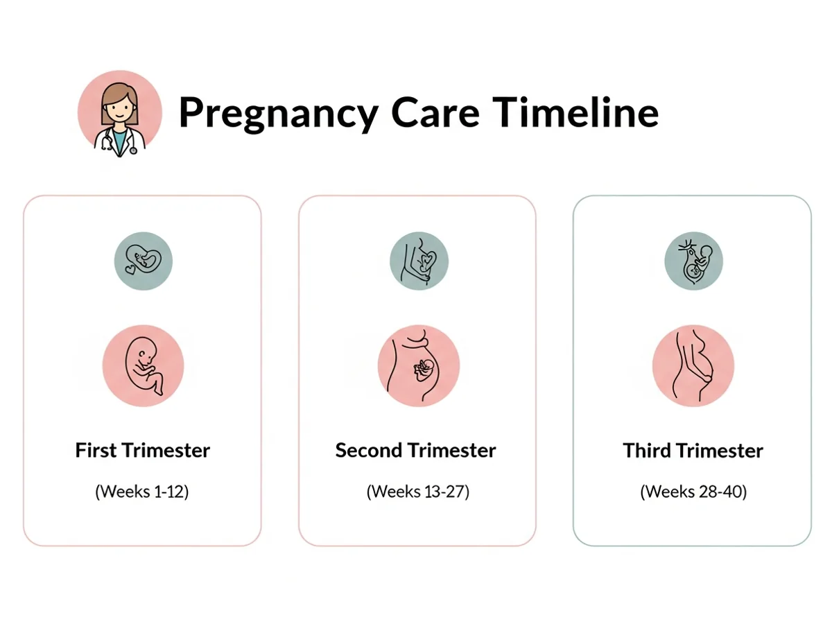 Pregnancy care timeline across three trimesters from weeks 1 to 40