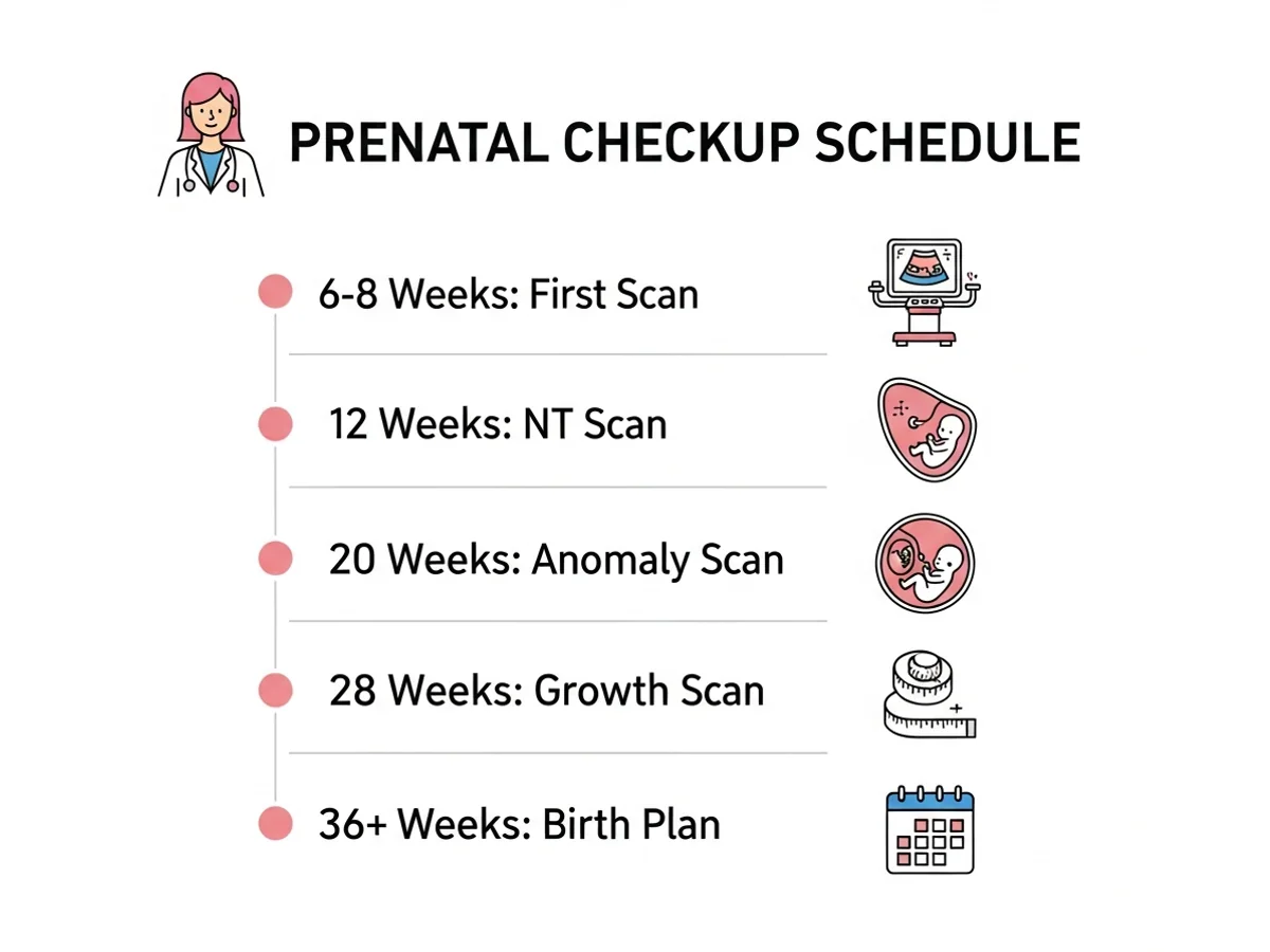 Prenatal checkup schedule — first scan, NT scan, anomaly scan, growth scan, and birth plan