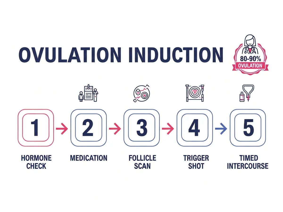 Ovulation induction cycle — hormone check, medication, follicle scan, trigger shot, and timed intercourse