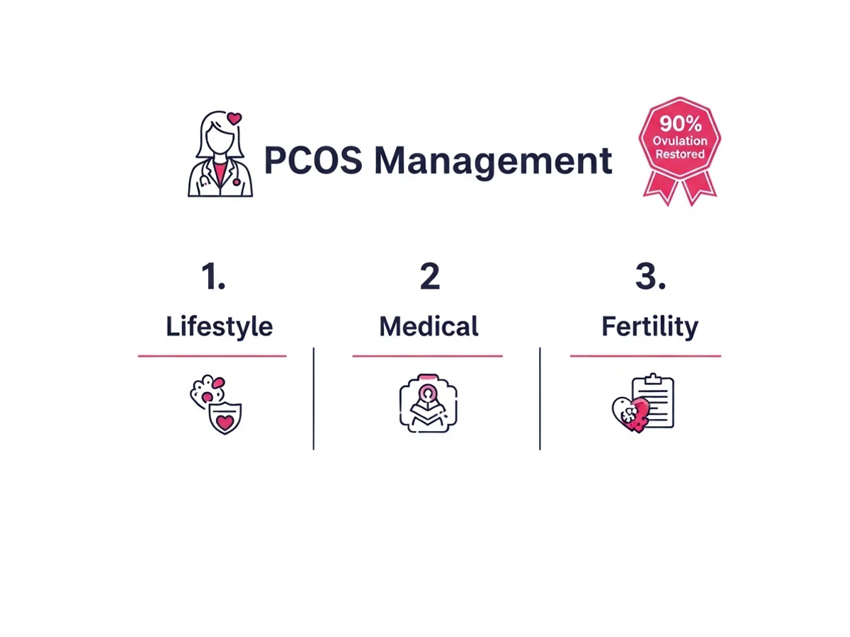 PCOS management pillars — lifestyle, medical therapy, and fertility treatment