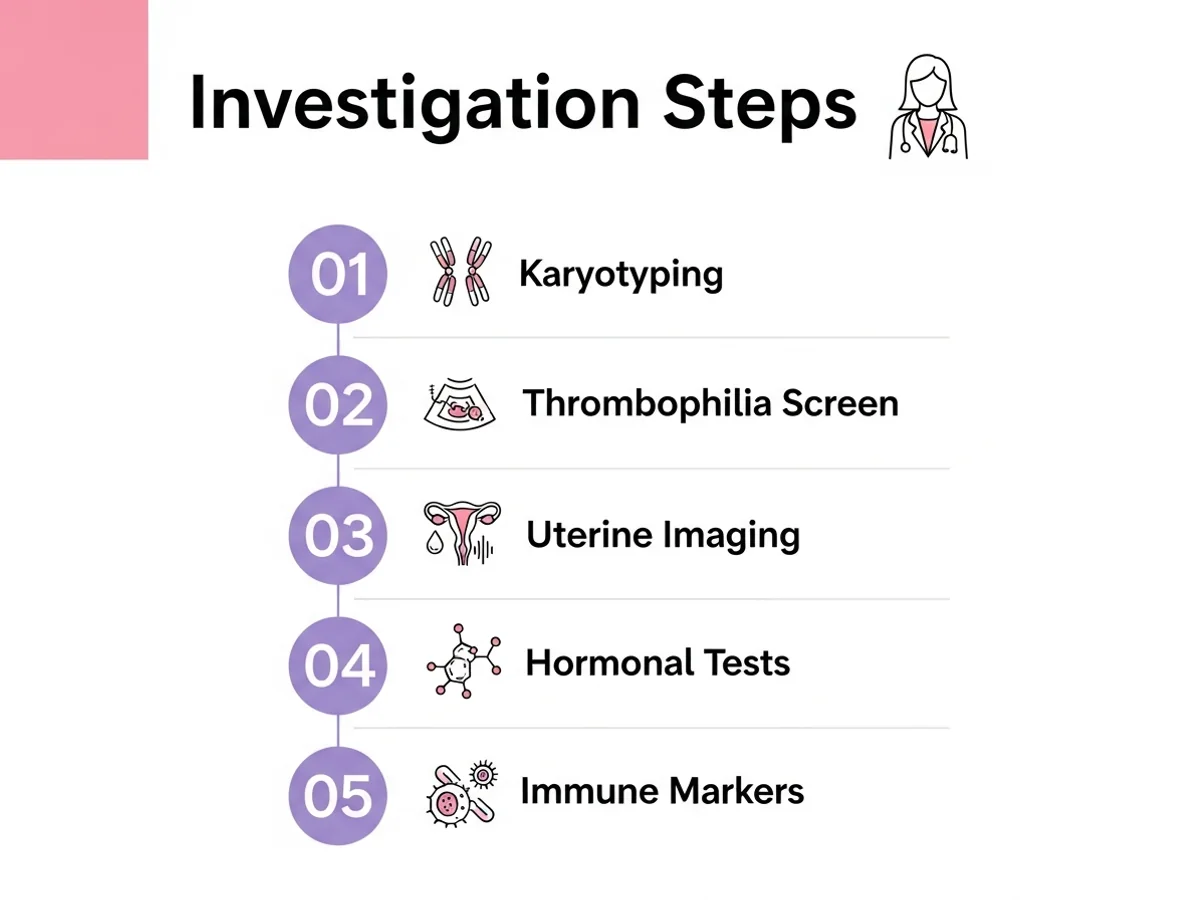 Recurrent miscarriage investigation steps — karyotyping, thrombophilia screen, uterine imaging, hormonal tests, and immune markers