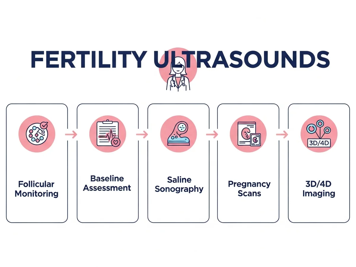 Types of fertility ultrasounds — follicular monitoring, baseline assessment, saline sonography, pregnancy scans, and 3D/4D imaging